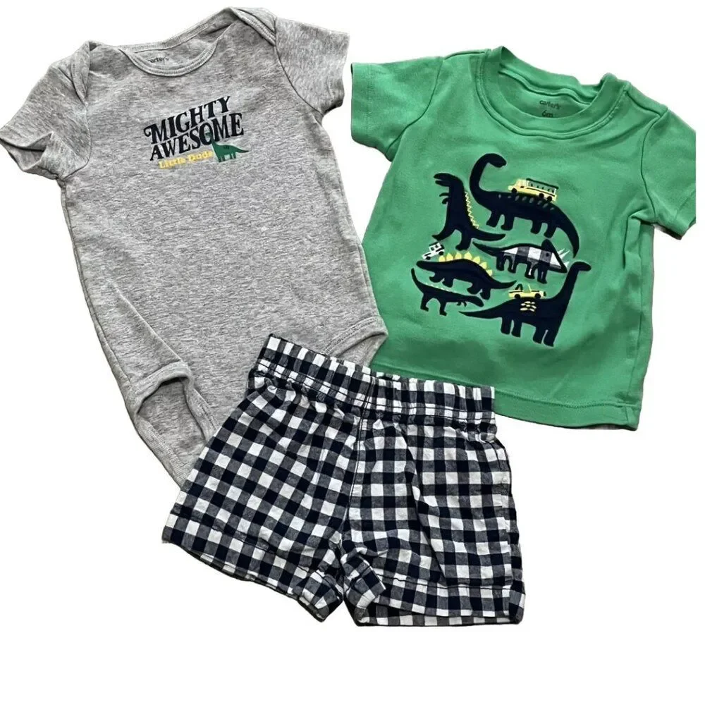 NWT Carter's Infant Boys Dinosaur Outfits Bodysuit, Shirt & Plaid Short